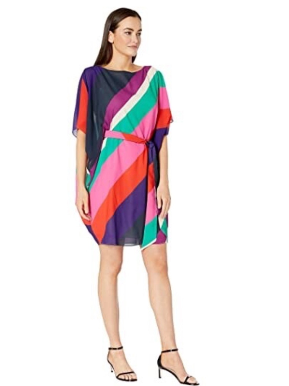 Trina Turk One-Shoulder Multicolor Striped Dress in Navy, Teal, Fuchsia & Red